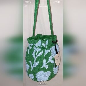 Kate Spade Green Rose, Green and Light Bluish/White Beaded Shoulder Bag
